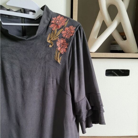 THML Gray Faux Suede Boho Dress with Floral Embroidery Medium - Picture 5 of 14